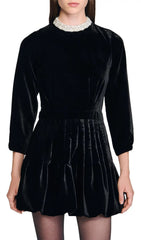Chic Black Velvet Mini Dress with Beaded Collar & Bubble Skirt