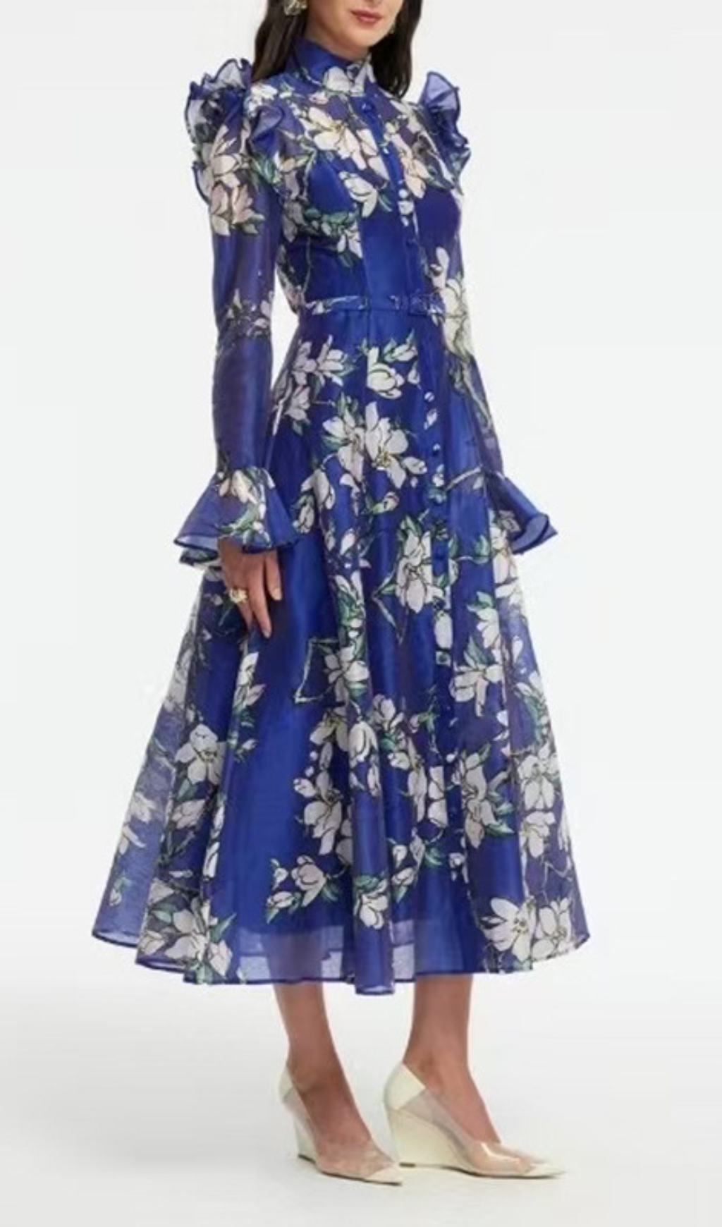 Gavrila Chic Blue Floral Sheer Ruffle Midi Dress