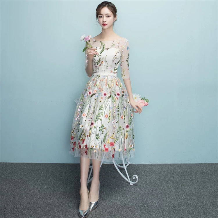 Fashionable Floral Elegant Knee Length Round Neckline Party Dress