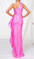 Floriza Dazzling Pink One-Shoulder Sequin Slit Maxi Dress