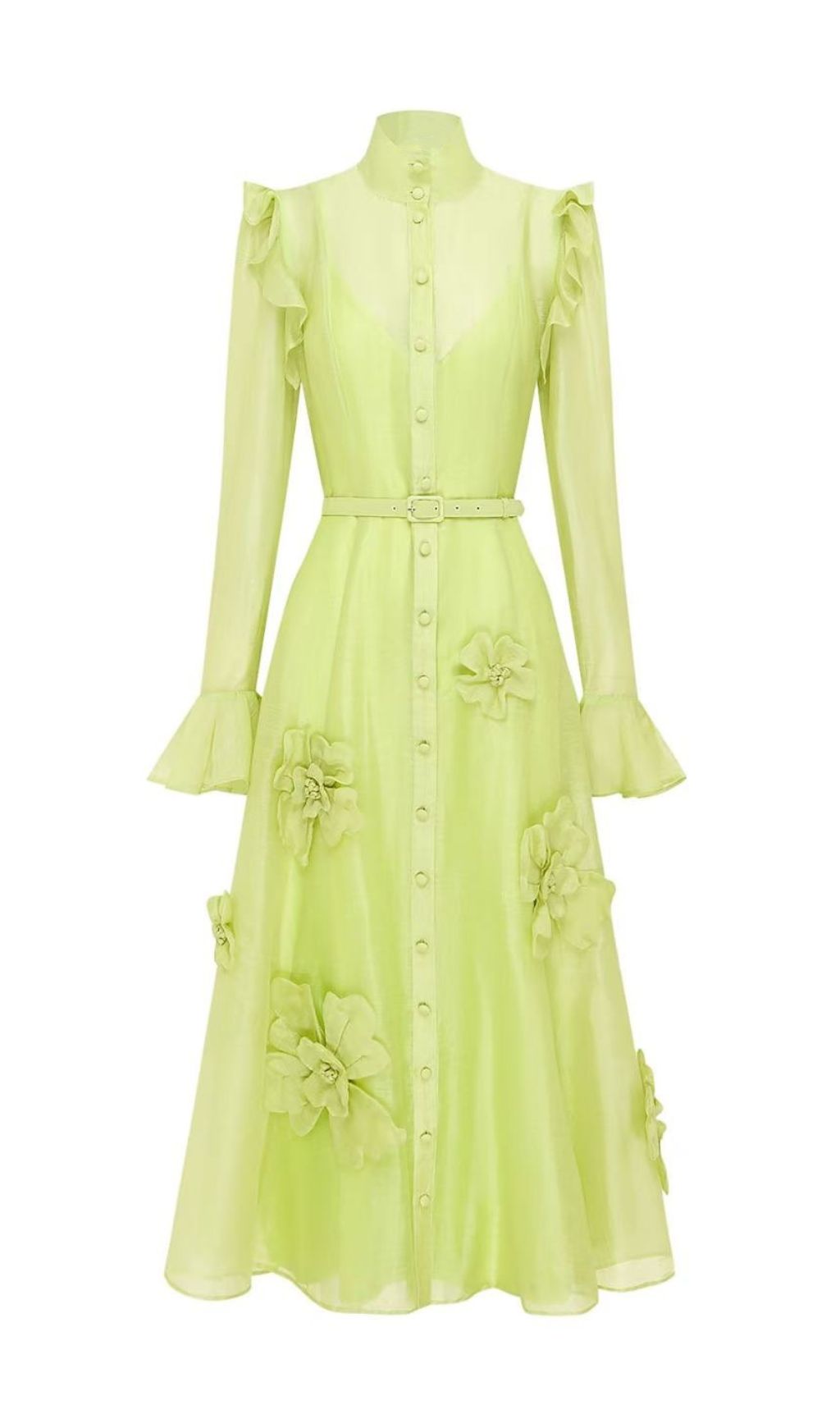 Elula Enchanting Lime Green 3D Floral Ruffled Midi Dress
