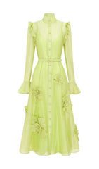 Elula Enchanting Lime Green 3D Floral Ruffled Midi Dress