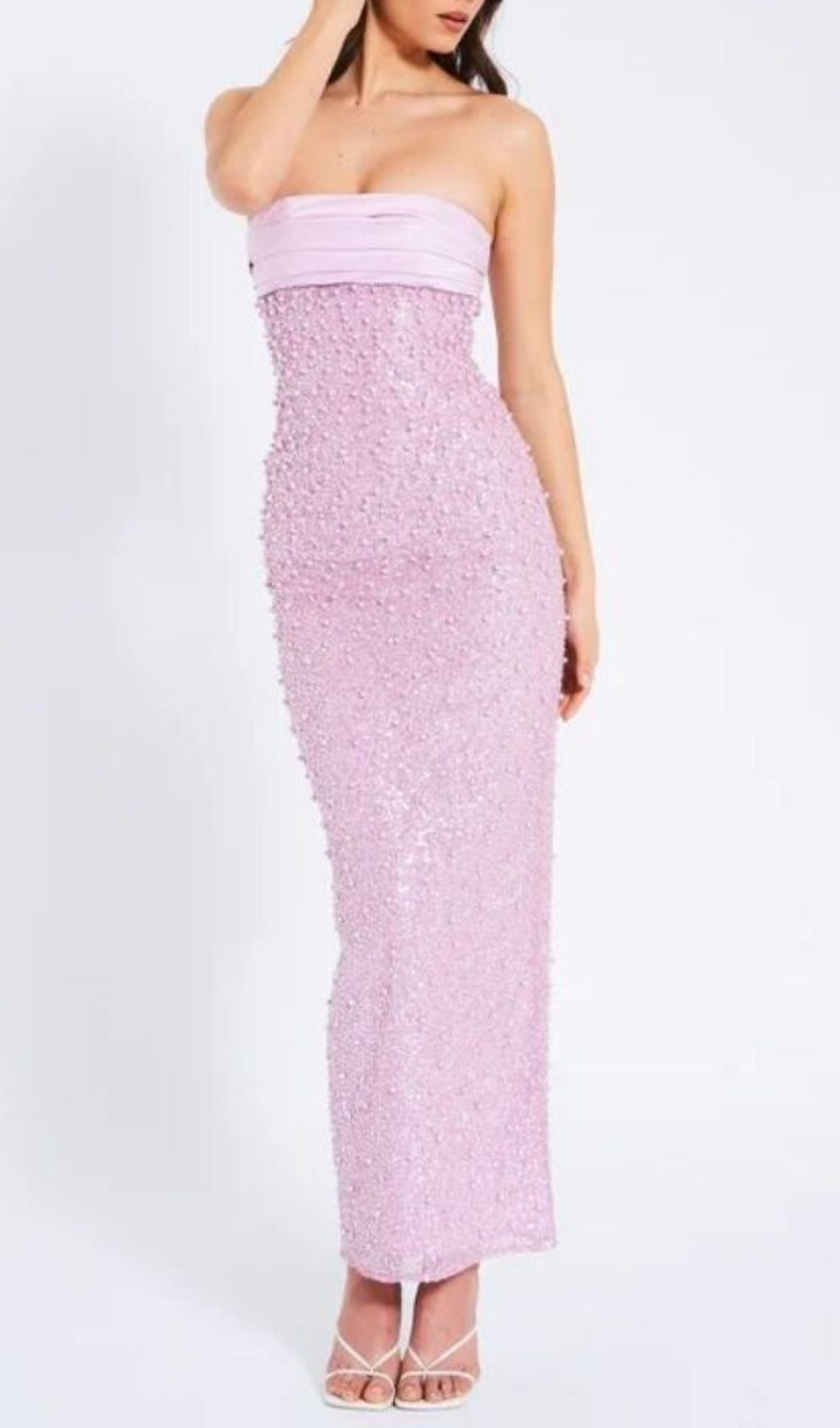 Alazne Glamorous Purple Sequin & Pearl Strapless Maxi Dress