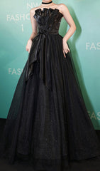 Chiyeko Black Strapless Sparkle Tulle Gown with Elegant 3D Rose Detail