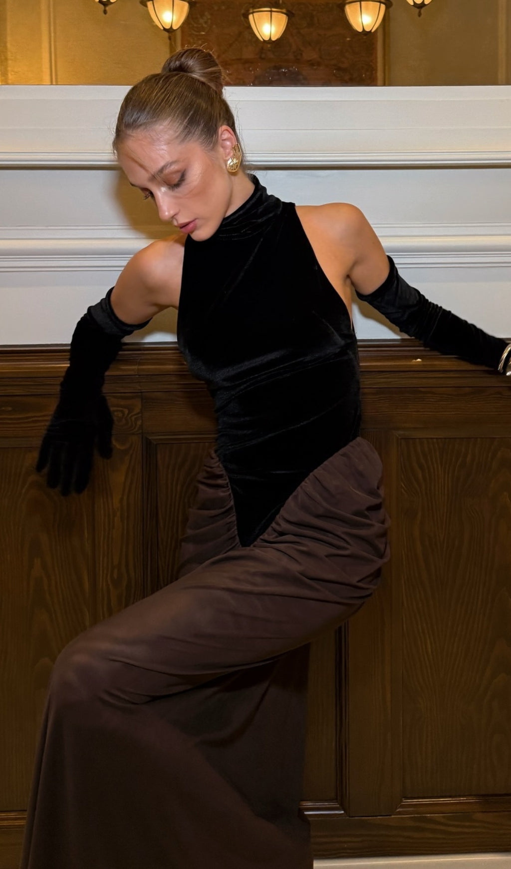 Chic Two-Tone Halter Draped Velvet Maxi Dress with Opera Gloves