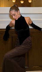 Chic Two-Tone Halter Draped Velvet Maxi Dress with Opera Gloves