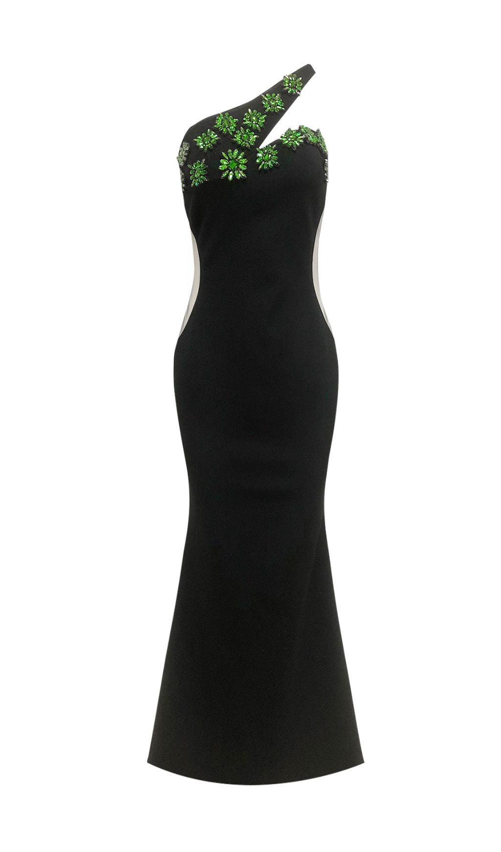 Black One-Shoulder Emerald Embellished Maxi Dress