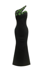 Black One-Shoulder Emerald Embellished Maxi Dress