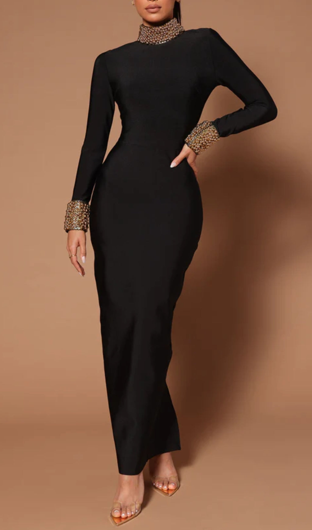 Bambina Black Embellished Mock Neck Open Back Maxi Dress