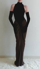 Chic Two-Tone Halter Draped Velvet Maxi Dress with Opera Gloves