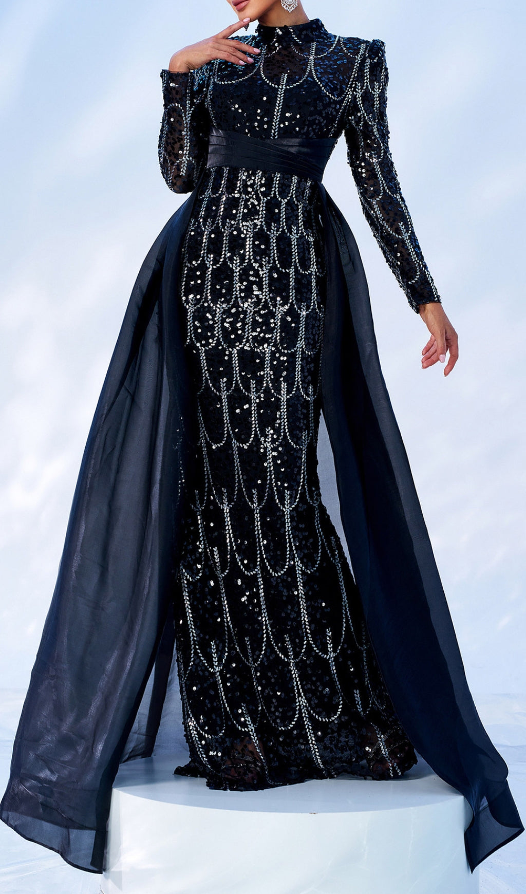 Concha Black Sequin Long Sleeve Maxi Gown