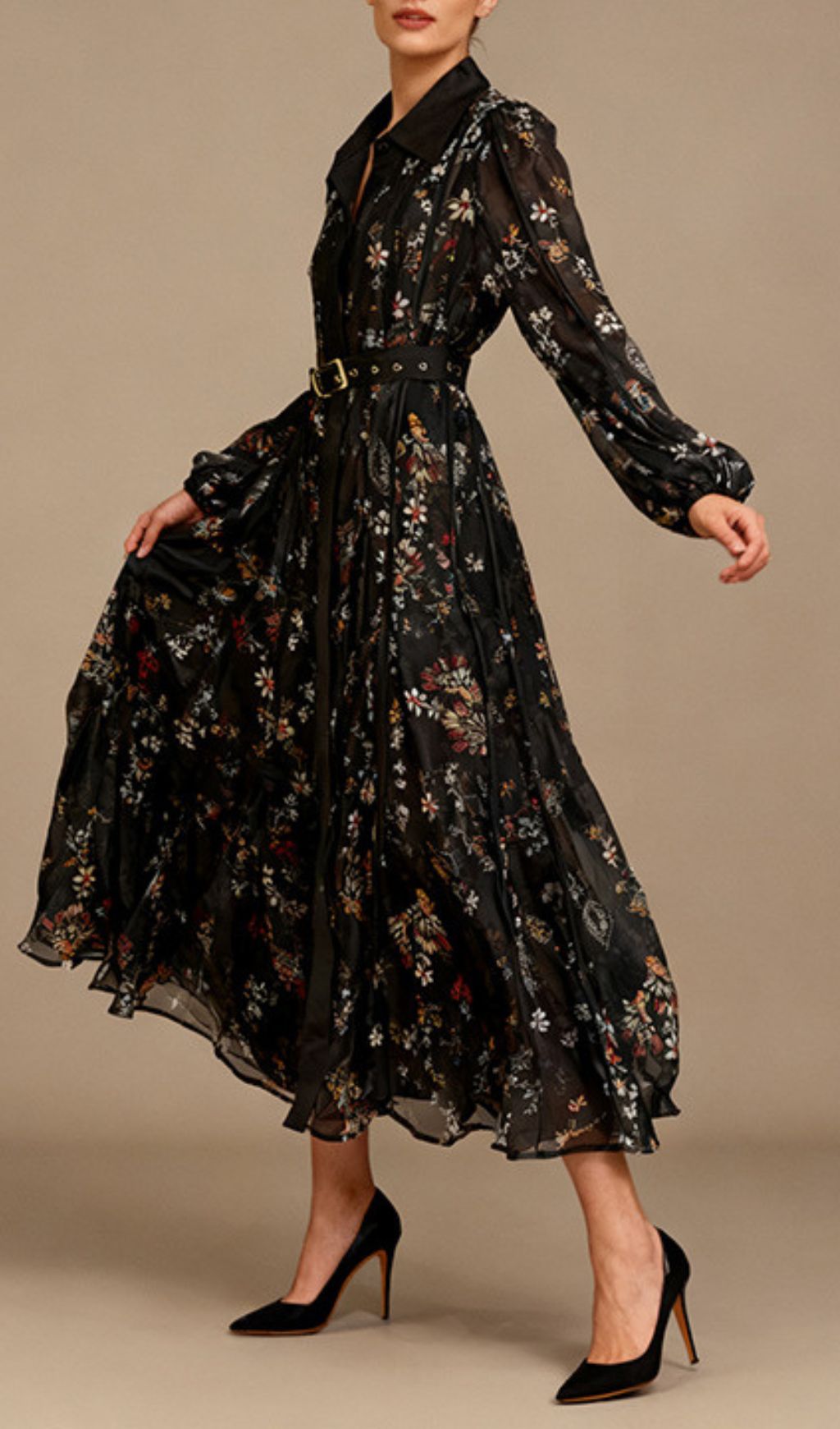 Ilandere Enchanting Black Floral Midi Dress