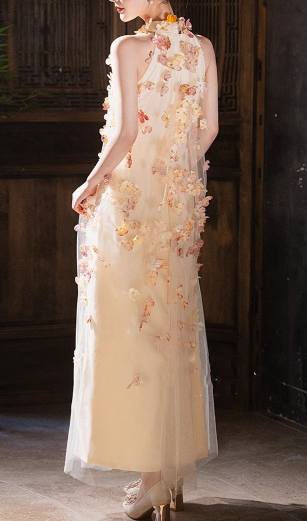 Ethereal Blossom Halter Mesh Maxi Dress
