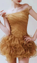 Ismene Sparkling Gold Off-Shoulder Ruffle Mini Dress