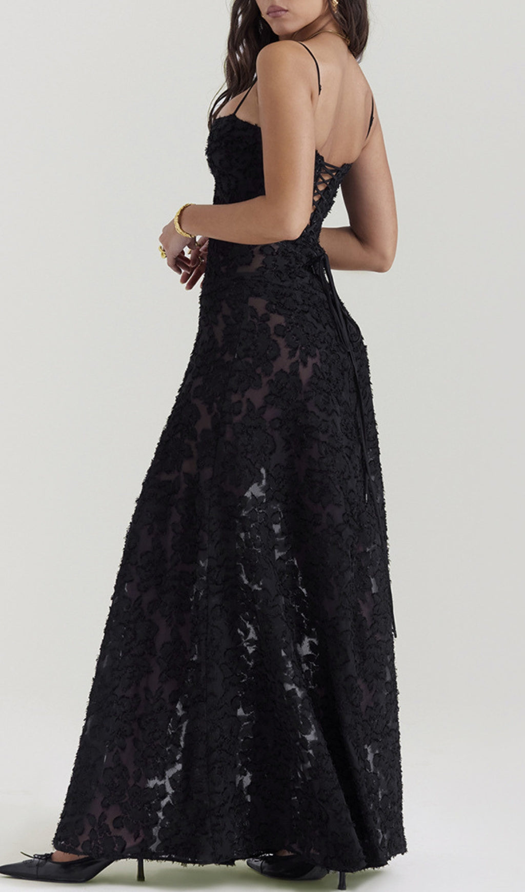 Billie Romantic Black Floral Lace-Up Back Maxi Dress