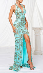 Fiadh Teal Sequin Halter Maxi Dress with Daring Slit