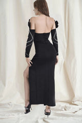 Stunning Black Crystal Embellished Plunge Maxi Gown