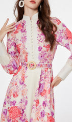 Jarl Elegant Pink Floral Long Sleeve Midi Dress
