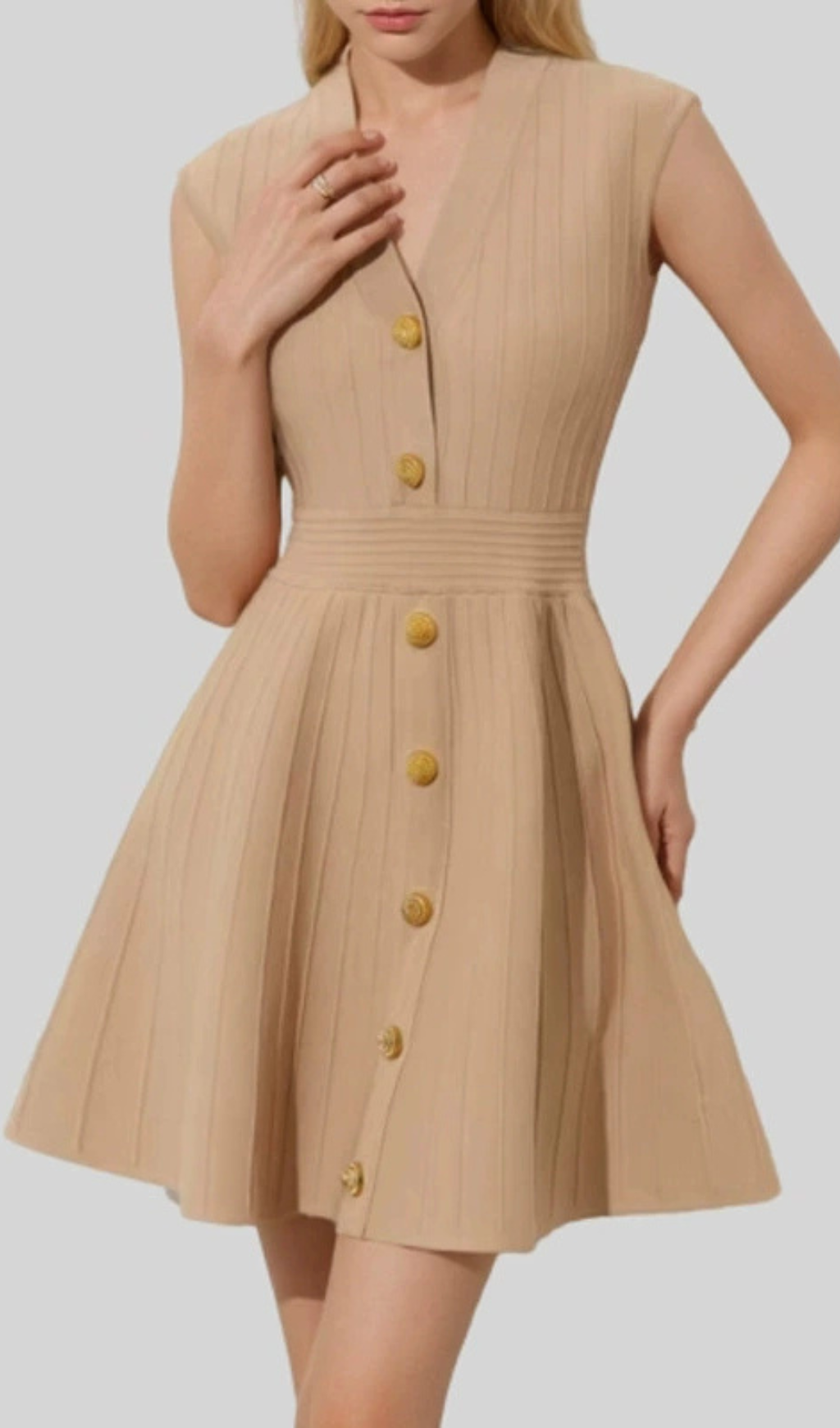 Helen Chic Ribbed Knit Sleeveless Mini Dress with Gold Buttons