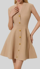 Helen Chic Ribbed Knit Sleeveless Mini Dress with Gold Buttons