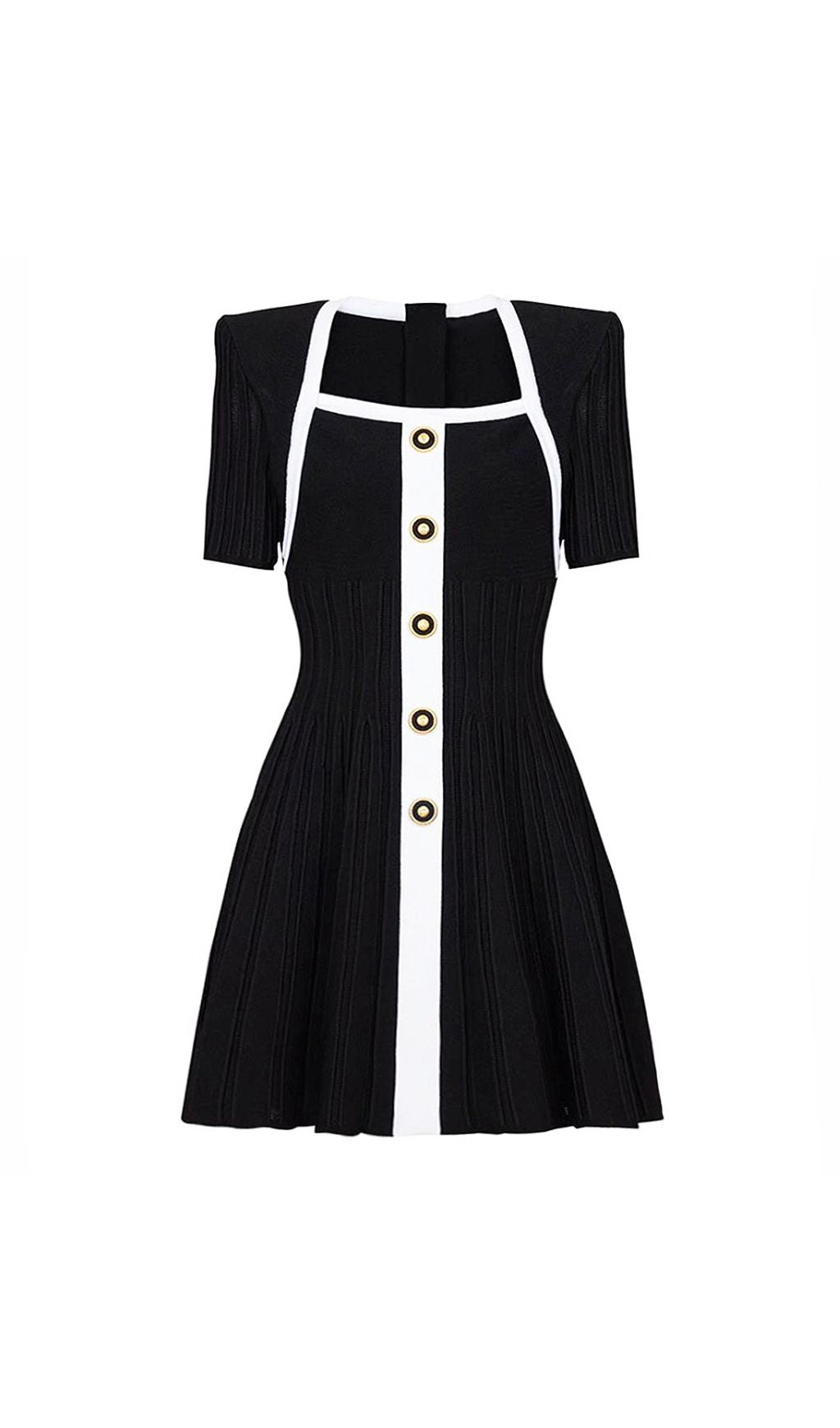 Gudrun Chic Black & White Square Neck Knit Mini Dress with Gold Button Accents