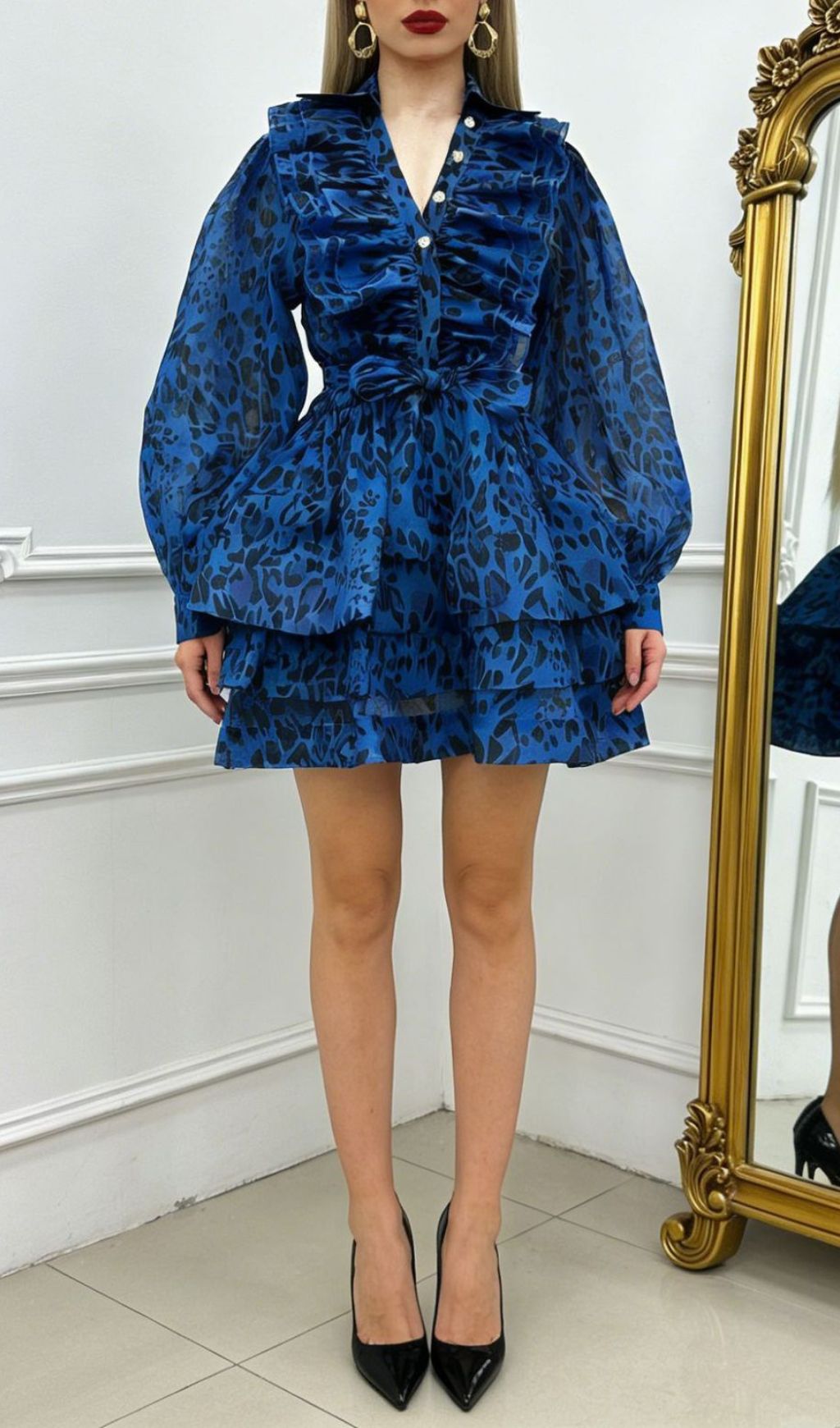 Jennica Electric Blue Leopard Print Ruffle Mini Dress with Tie-Waist