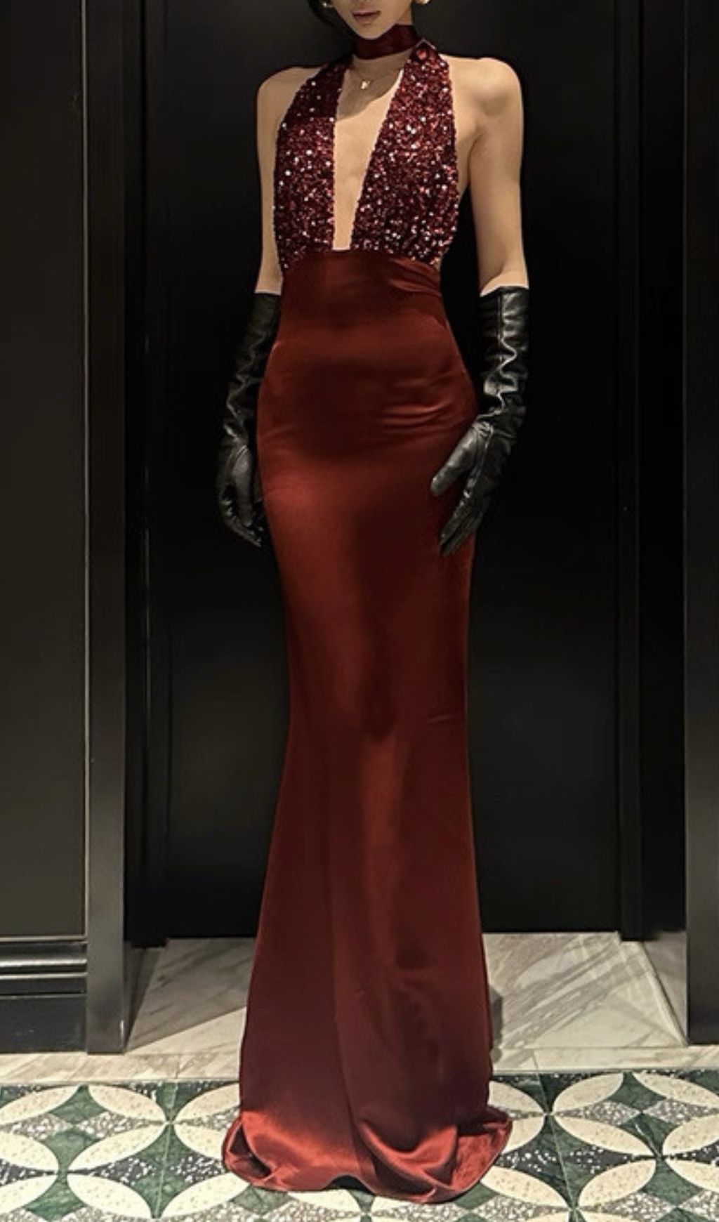 Joffrey Scarlet Sequin Halter Maxi Gown