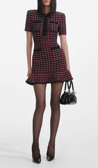 Chic Black & Red Plaid Knit Mini Dress with Removable Bow