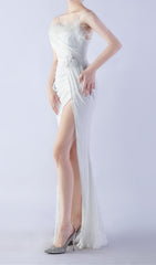 Glamorous White Sequin Feather High Slit Maxi Gown