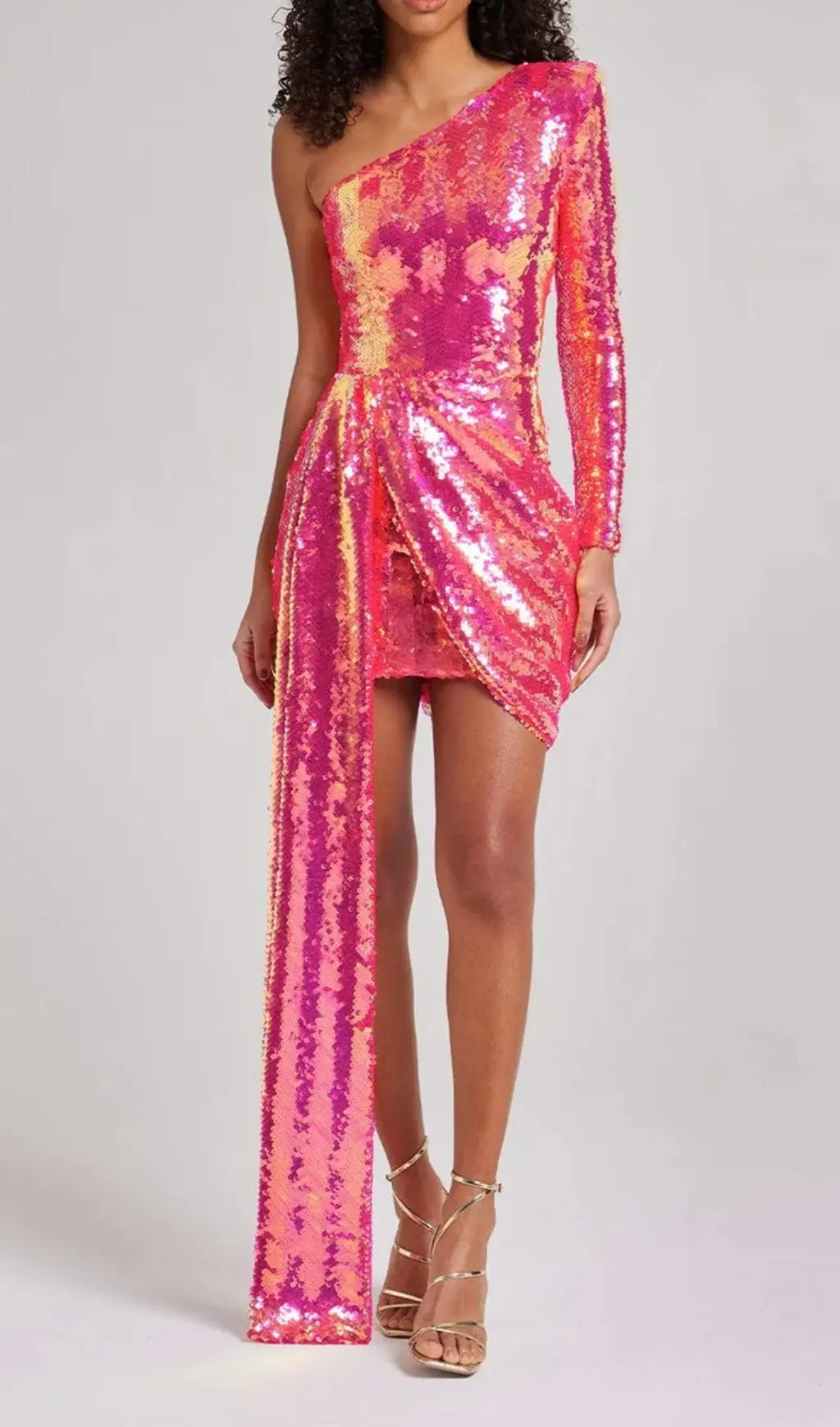 Dazzling Iridescent Rose Pink Sequin One-Shoulder Mini Dress
