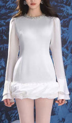 Cemre White Long Sleeve Embellished Mini Dress