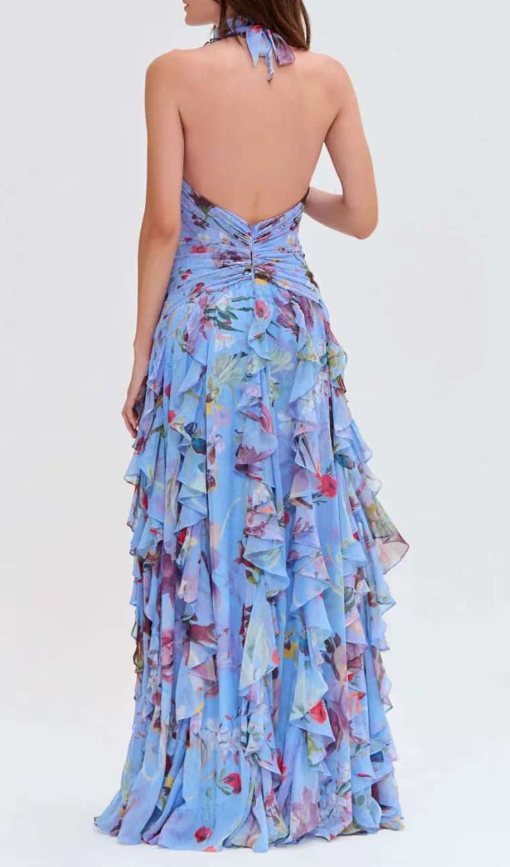 Delicah Blue Floral Halter Ruffle Maxi Dress