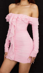 Flirty Pink Ruffled Off-Shoulder Ruched Mini Dress