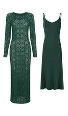 Jaime Luxe Emerald Green Sheer Knit Midi Dress & Slip Set