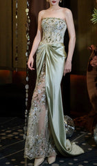 Ellianna Luxe Sage Green Floral Embroidered Strapless Maxi Dress