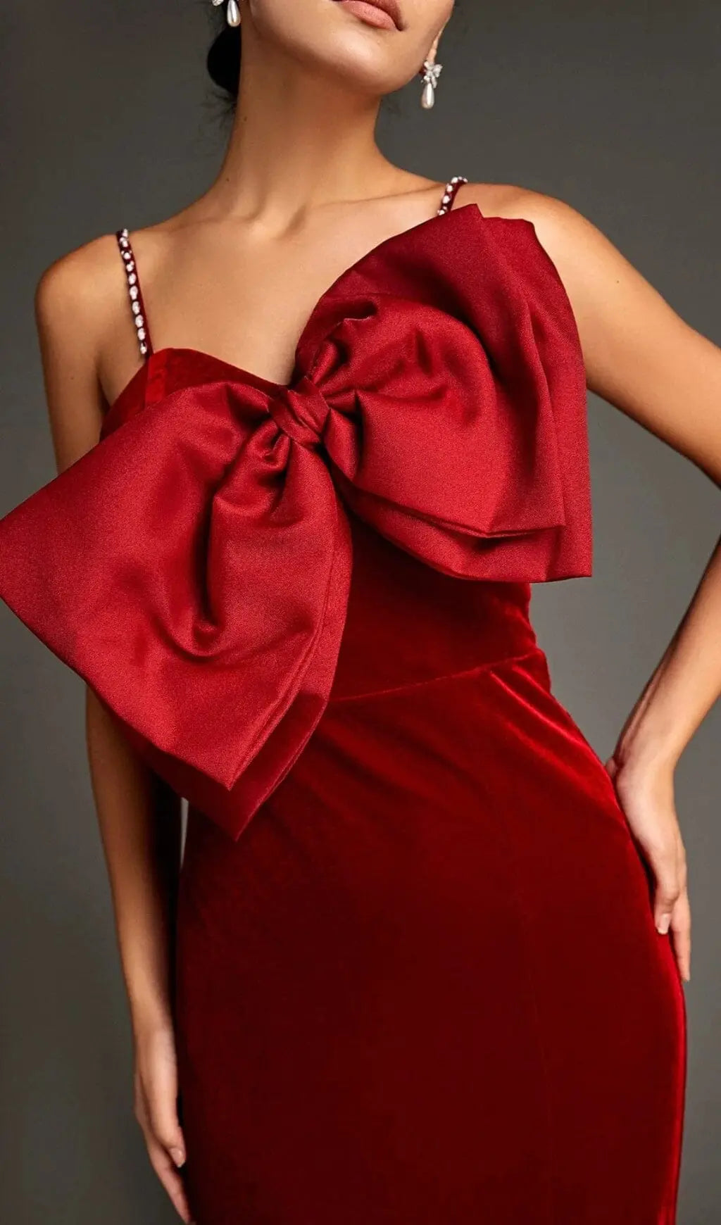 Luxurious Dark Red Velvet-Look Bow Mermaid Maxi Dress with Seductive Slit