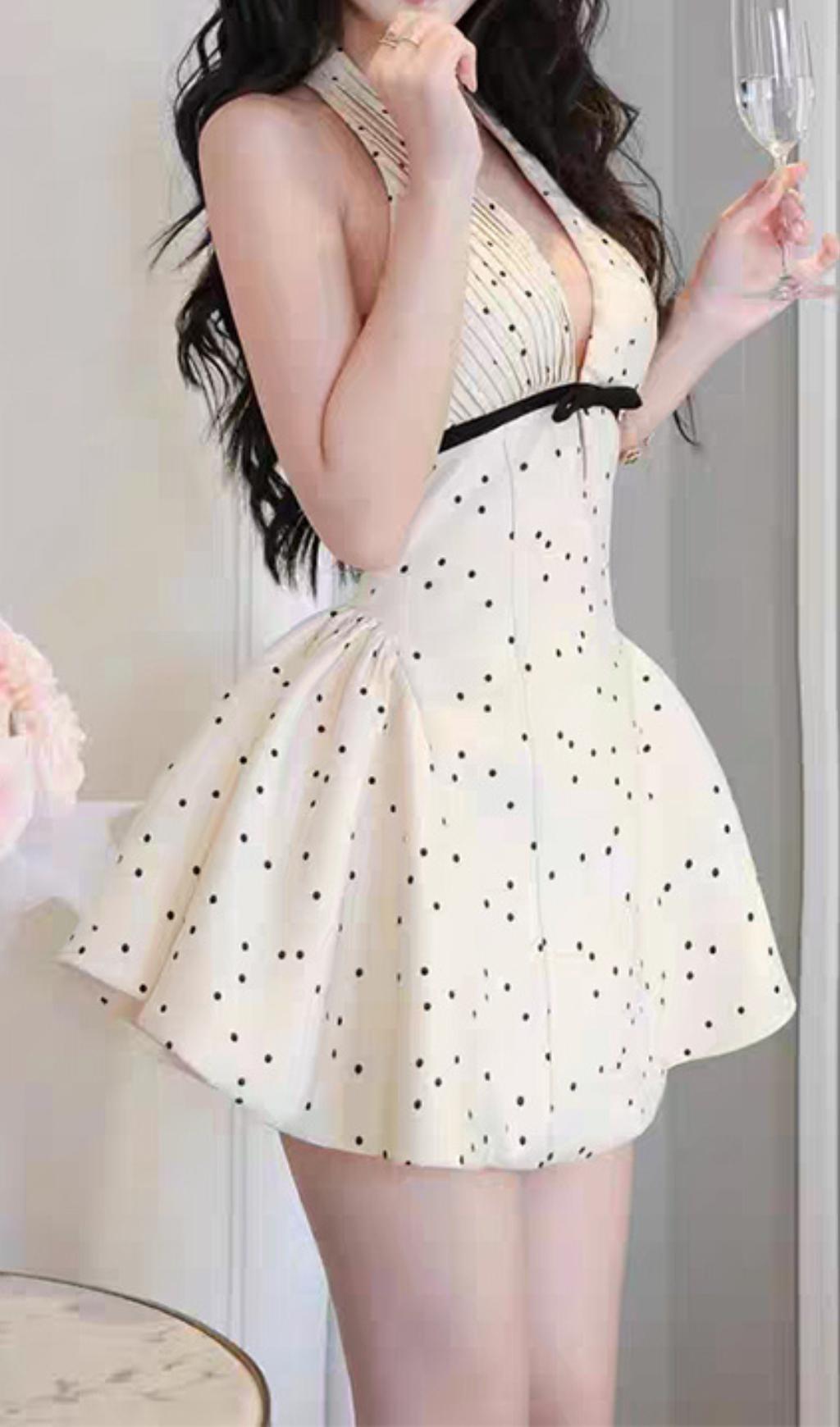 Gergana Chic Polka Dot Halter V-Neck Pleated Mini Dress