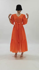 Fausto Vibrant Orange Puff Sleeve Tiered Maxi Dress