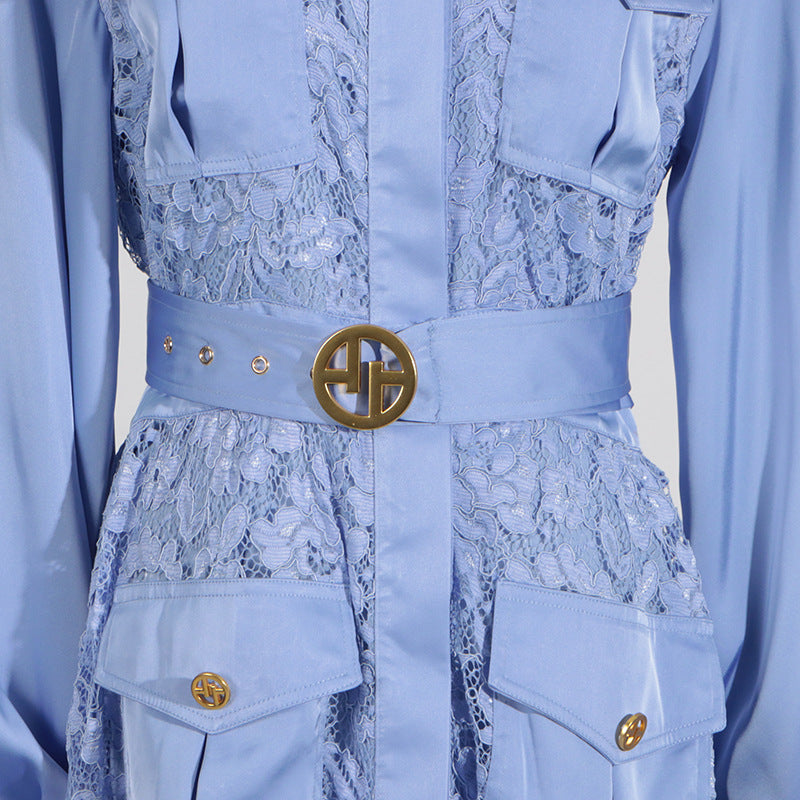 Carissa Elegant Periwinkle Lace & Belted Long Sleeve Maxi Dress