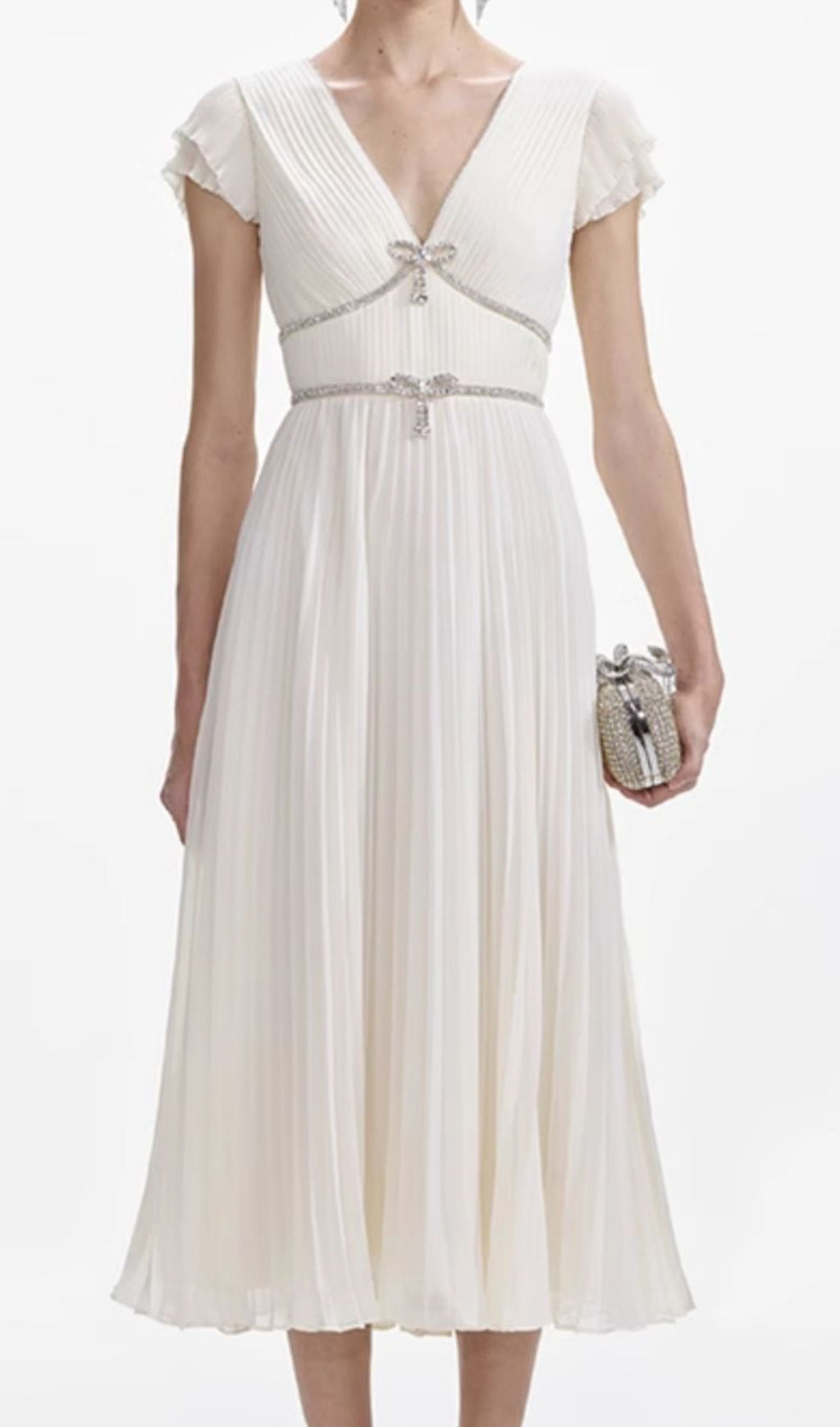 Eternity Elegant White Pleated V-Neck Midi Dress