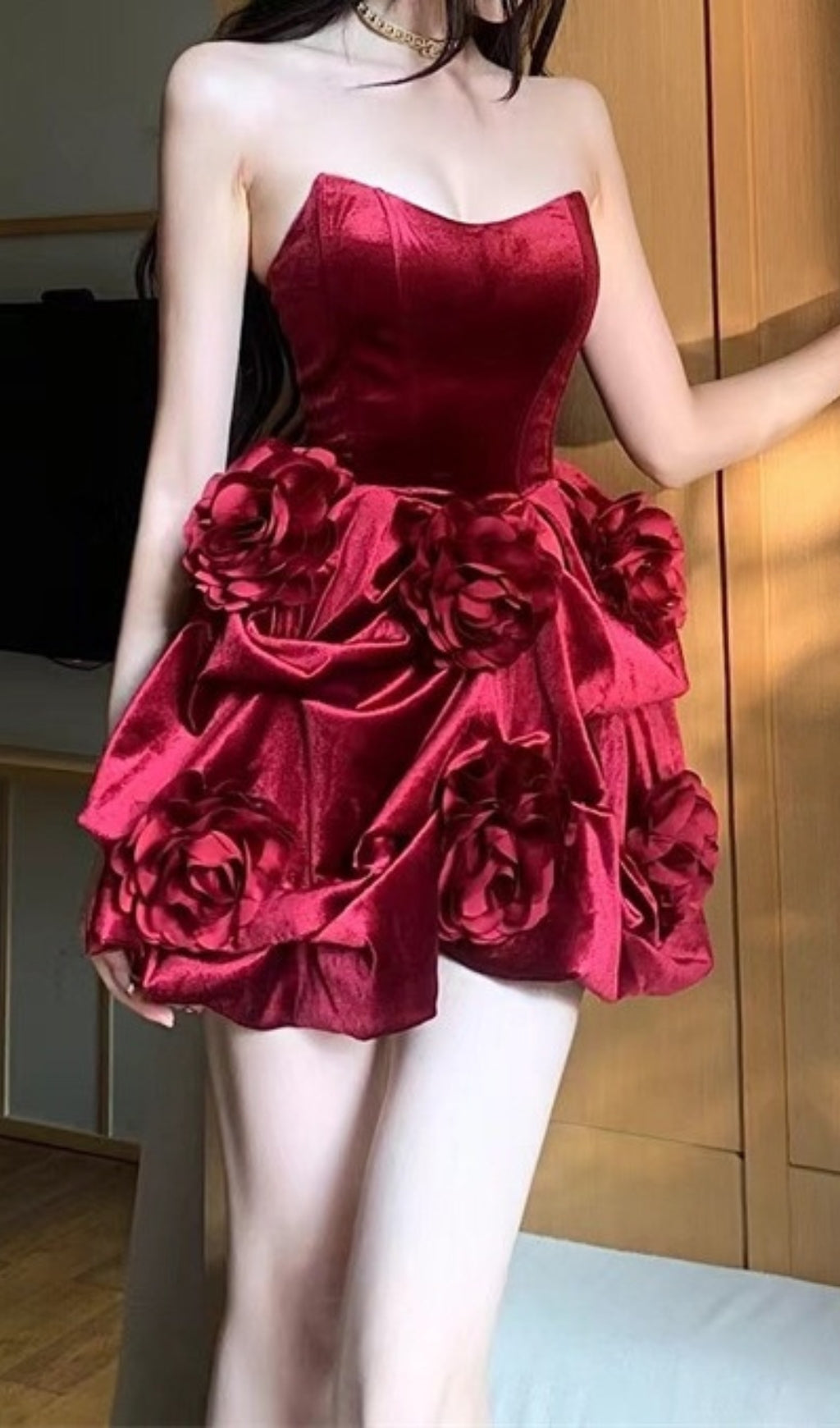 Chic Black Strapless Velvet & Satin Rose Mini Dress