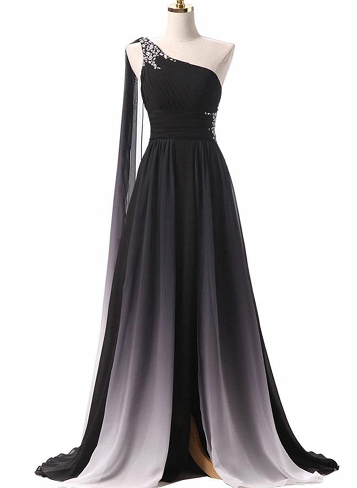 Vestido de noche de gasa con un solo hombro y corte en A en degradado 