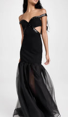 Dosia Black Sequin Cutout Off-Shoulder Maxi Gown