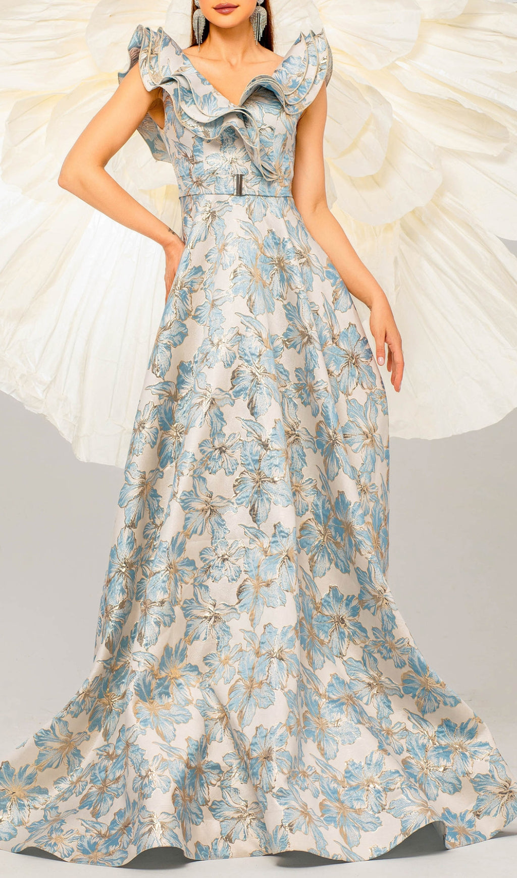 Caron Elegant Floral Ruffle Maxi Dress