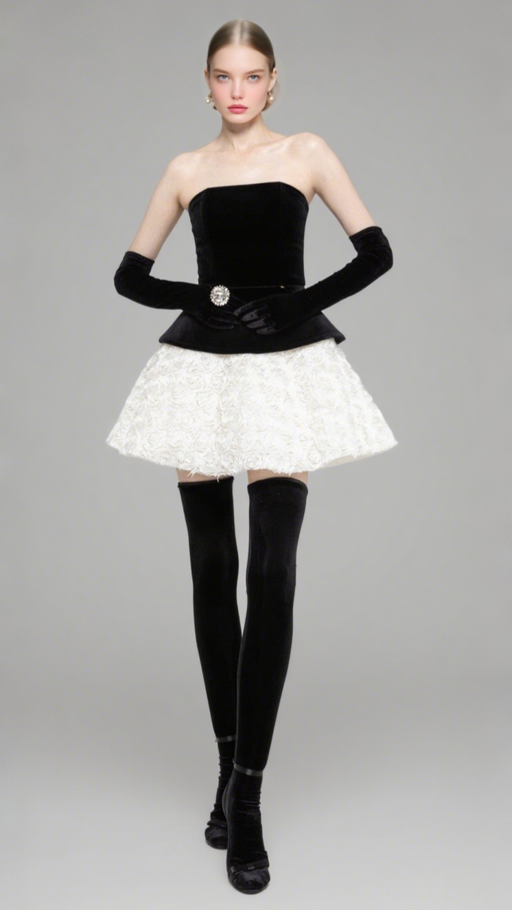Velvet & 3D Floral Strapless Mini Dress Set
