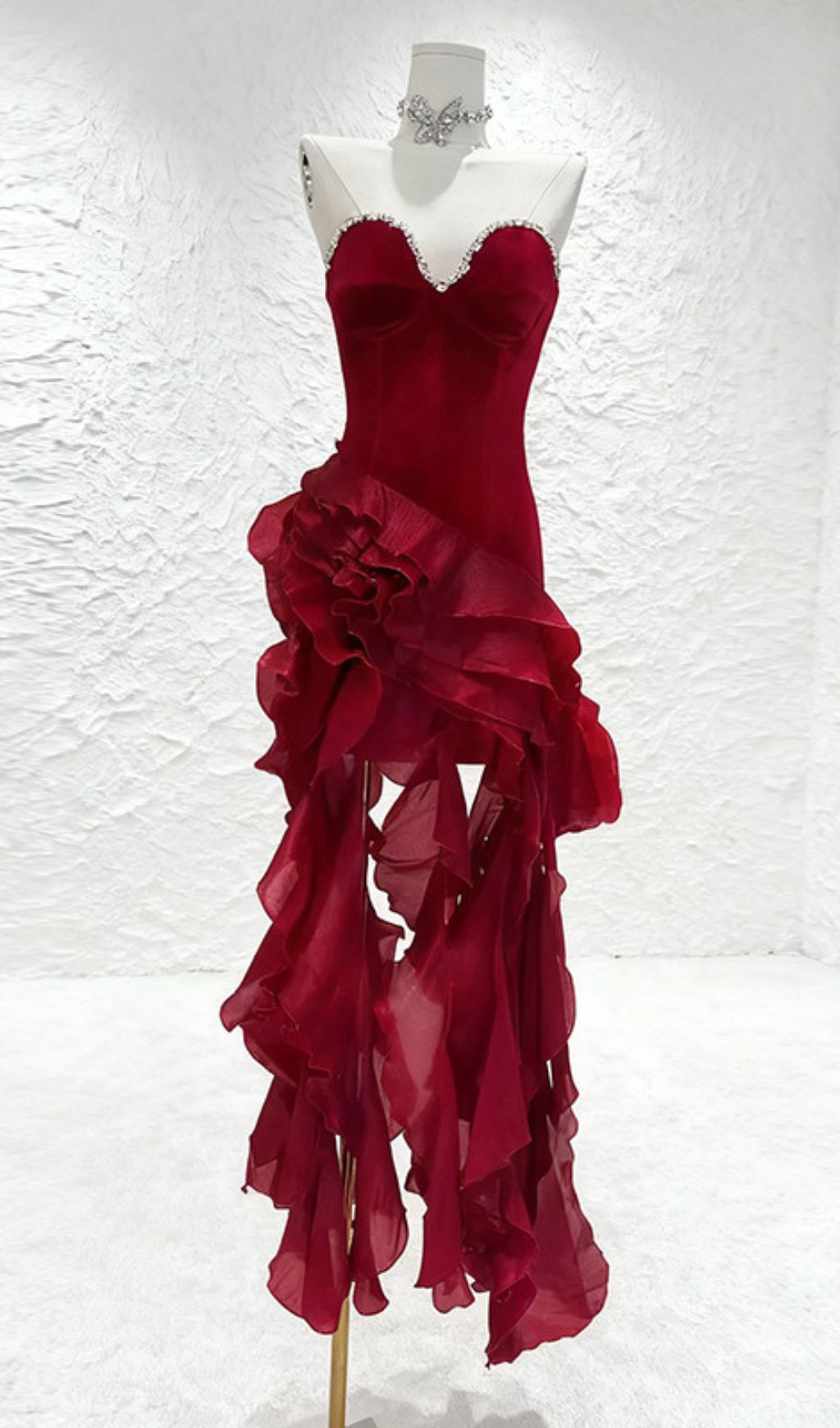 Hova Ruby Red Strapless Ruffle Maxi Gown
