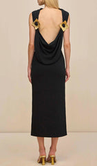 Ida Black Backless Midi Dress with Gold Embellishments