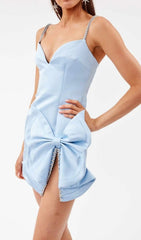 Dazzling Baby Blue Crystal Bow Mini Dress