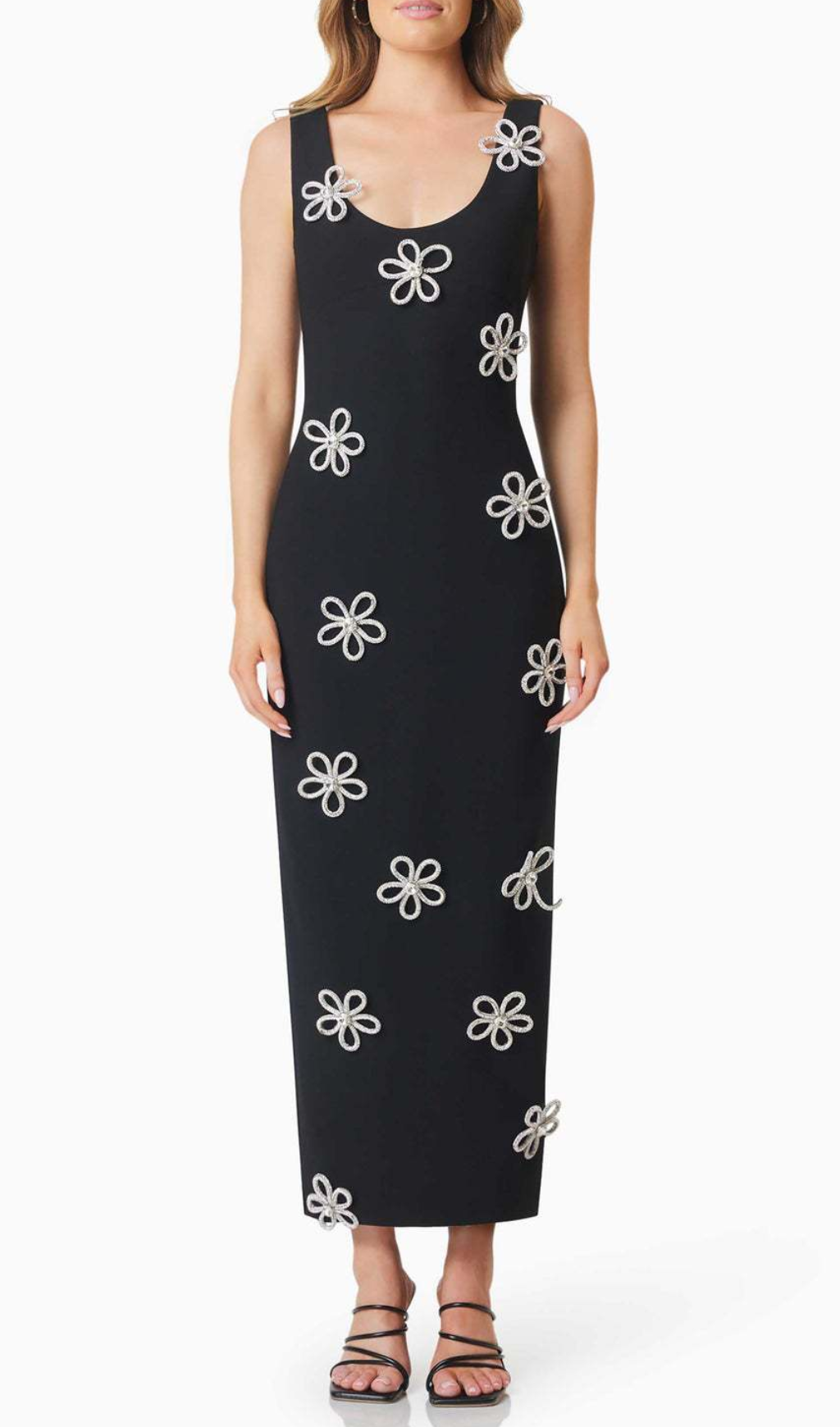 Glamorous Black Strappy Rhinestone Floral Bandage Maxi Dress