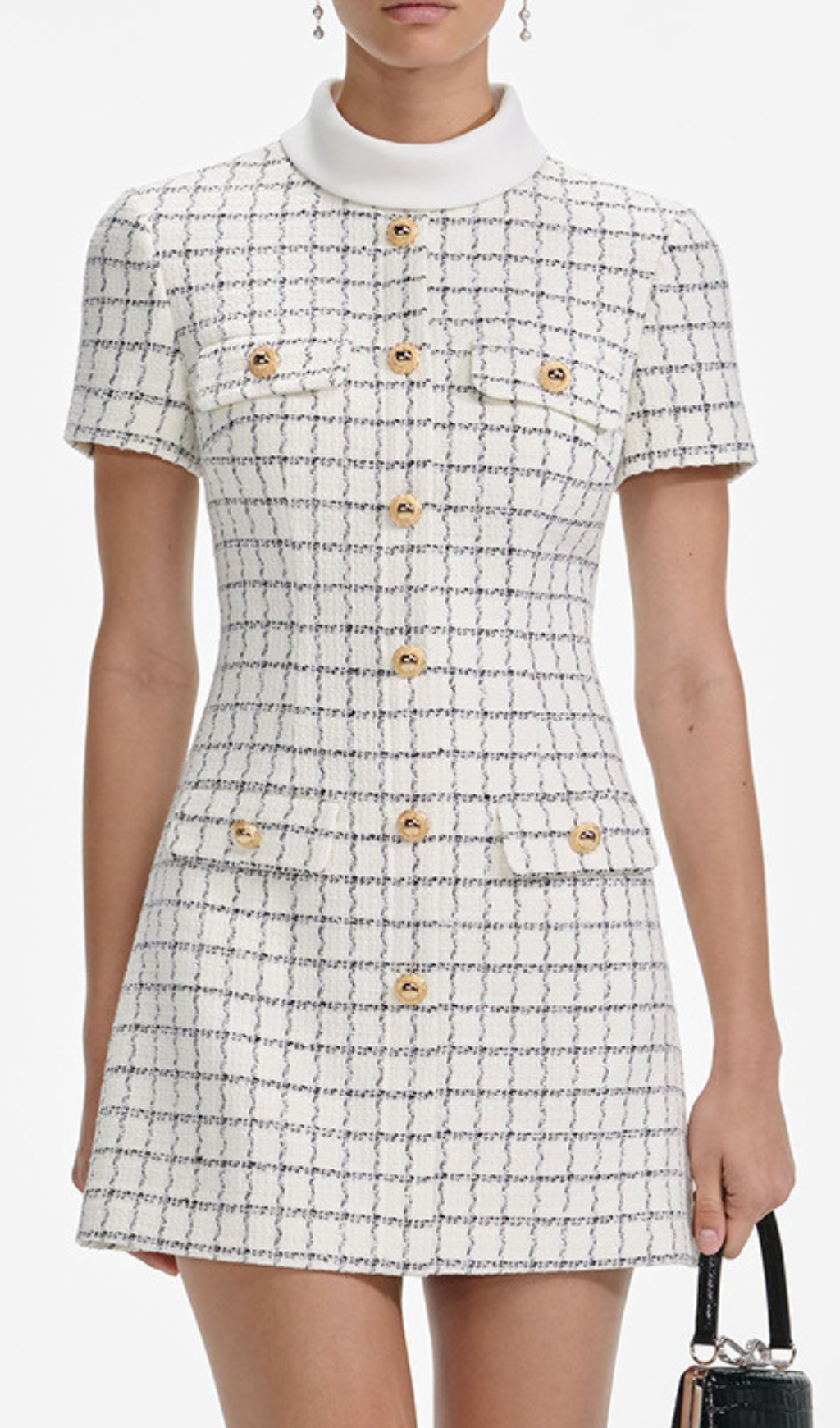 Grina Classic Plaid Tweed Mini Dress with Gold Buttons